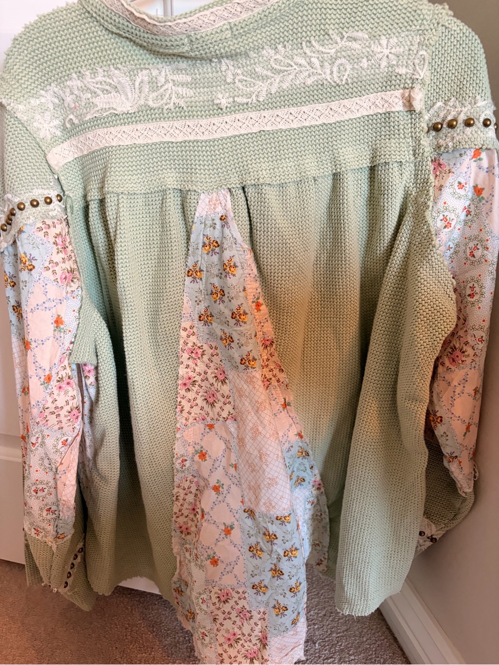 POL Mint Green Patchwork Knit Cardigan with Floral Panels - Picture 2 of 3